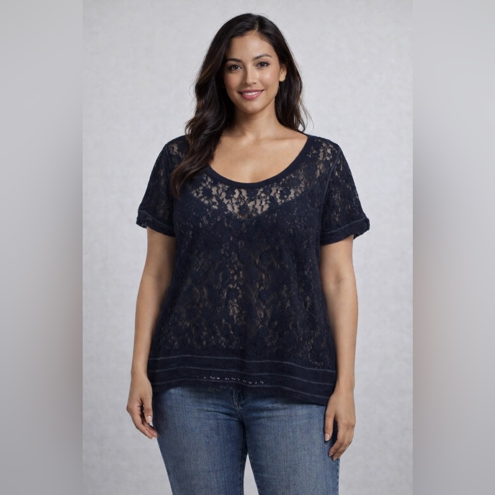 Abercrombie & Fitch Navy Blue Lace Short Sleeve Scoop Neck Top Sz Large